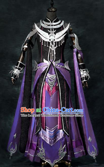 Chinese Ancient Cosplay Heroine Female General Armor Purple Dress Traditional Hanfu Swordsman Costume for Women