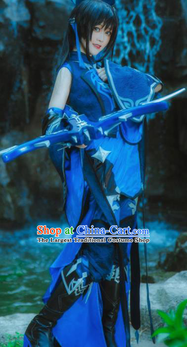 Chinese Ancient Cosplay Heroine Female Knight Blue Dress Traditional Hanfu Swordsman Costume for Women