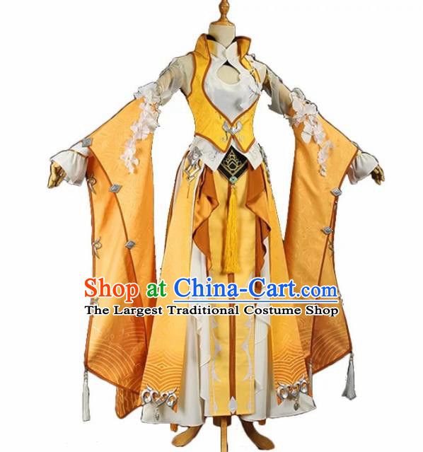 Chinese Ancient Cosplay Female General Heroine Golden Dress Traditional Hanfu Swordsman Costume for Women