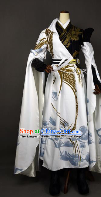 Chinese Ancient Cosplay Young Hero White Clothing Traditional Hanfu Swordsman Costume for Men