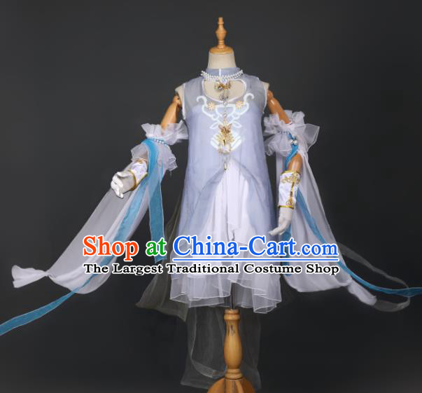 Chinese Ancient Cosplay Game Fairy Knight Light Blue Dress Traditional Hanfu Swordsman Costume for Women