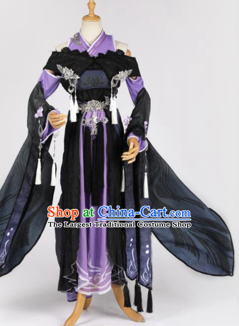 Chinese Ancient Cosplay Game Fairy Princess Purple Dress Traditional Hanfu Swordsman Costume for Women