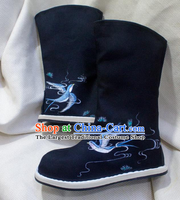 Asian Chinese Ancient Taoist Priest Embroidered Birds Shoes Swordsman Black Boots Traditional Hanfu Shoes for Men