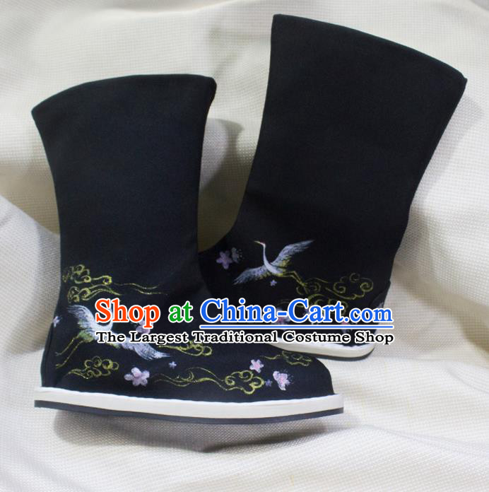 Asian Chinese Ancient Taoist Priest Embroidered Cranes Shoes Swordsman Black Boots Traditional Hanfu Shoes for Men