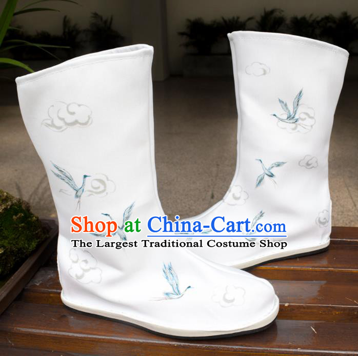 Asian Chinese Ancient Swordsman Printing Cranes White Boots Taoist Priest Shoes Traditional Hanfu Shoes for Men