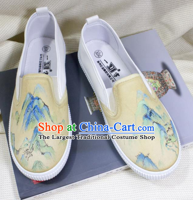 Asian Chinese Ancient Swordsman Printing Yellow Cloth Shoes Traditional Hanfu Shoes for Men