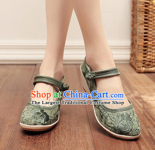 Asian Chinese Traditional Embroidered Peony Green Shoes Hanfu Shoes National Cloth Shoes for Women