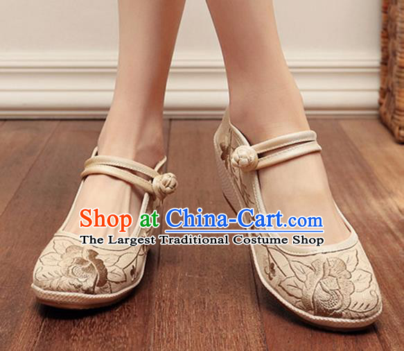 Asian Chinese Traditional Embroidered Peony Beige Shoes Hanfu Shoes National Cloth Shoes for Women