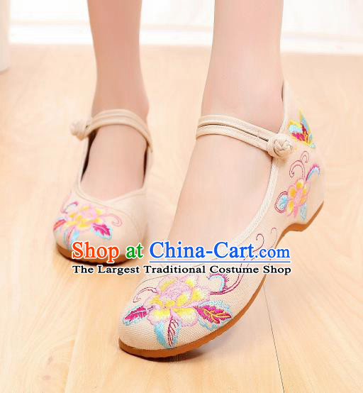 Asian Chinese Traditional Beige Embroidered Shoes Hanfu Shoes National Cloth Shoes for Women