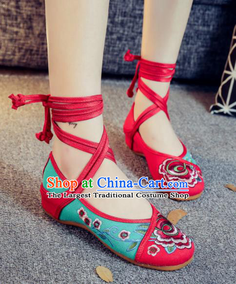 Asian Chinese Traditional Green Embroidered Peony Shoes Hanfu Wedding Shoes Ethnic National Cloth Shoes for Women