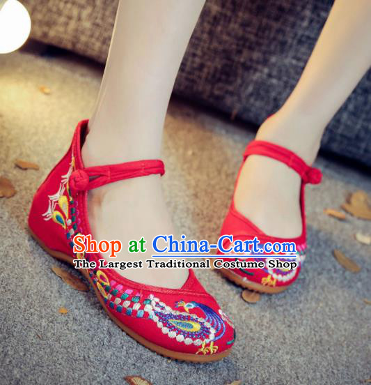 Asian Chinese Traditional Dance Embroidered Peacock Red Shoes Hanfu Wedding Shoes National Cloth Shoes for Women