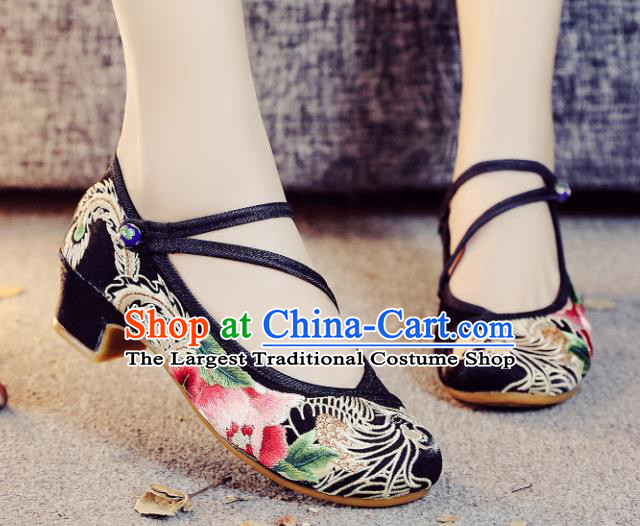 Asian Chinese Traditional Dance Embroidered Phoenix Peony Black Shoes Hanfu Wedding Shoes National Cloth Shoes for Women