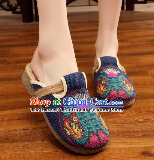 Asian Chinese Dance Navy Embroidered Shoes Traditional Hanfu Shoes National Cloth Shoes for Women