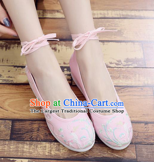 Asian Chinese Classical Dance Embroidered Deer Pink Shoes Traditional Hanfu Shoes National Cloth Shoes for Women