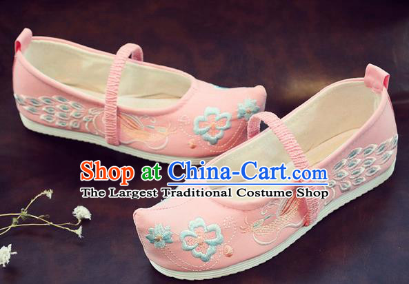 Asian Chinese Traditional Embroidered Peacock Pink Shoes Hanfu Shoes National Cloth Shoes for Kids