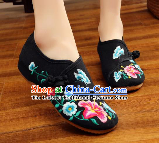 Asian Chinese National Embroidered Petunia Black Shoes Dance Cloth Shoes Traditional Hanfu Shoes for Women