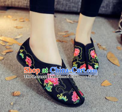 Asian Chinese Traditional Embroidered Peony Black Shoes Hanfu Wedding Shoes National Cloth Shoes for Women