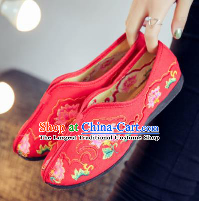 Asian Chinese Traditional Embroidered Peony Red Shoes Hanfu Wedding Shoes National Cloth Shoes for Women