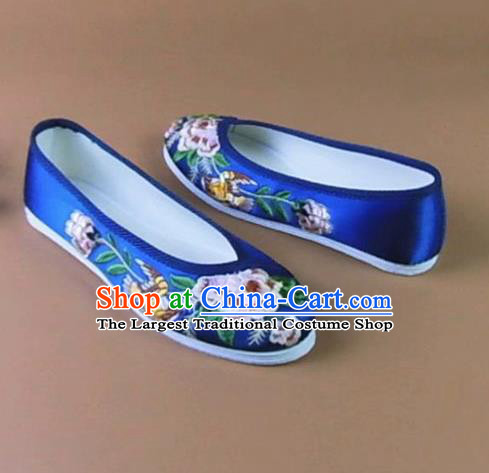 Asian Chinese National Embroidered Peony Royalblue Shoes Ancient Princess Satin Shoes Traditional Hanfu Shoes for Women