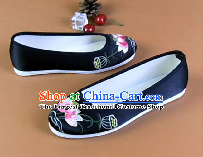 Asian Chinese National Embroidered Lotus Black Shoes Ancient Princess Satin Shoes Traditional Hanfu Shoes for Women