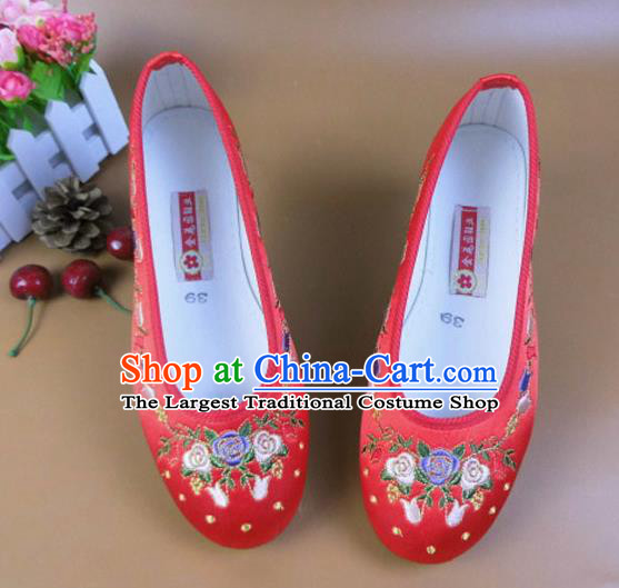 Asian Chinese National Embroidered Flowers Red Shoes Ancient Princess Satin Shoes Traditional Hanfu Shoes for Women