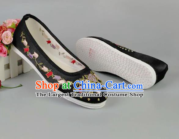 Asian Chinese Traditional Black Satin Shoes Ancient Princess Embroidered Shoes Hanfu Shoes for Women