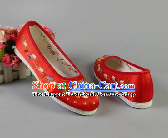 Asian Chinese Traditional Red Satin Shoes Ancient Princess Embroidered Shoes Hanfu Shoes for Women