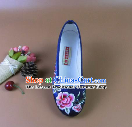 Asian Chinese National Royalblue Embroidered Peony Shoes Ancient Princess Satin Shoes Traditional Hanfu Shoes for Women