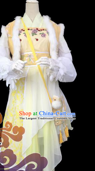 Chinese Traditional Cosplay Heroine Yellow Dress Custom Ancient Fairy Swordswoman Costume for Women