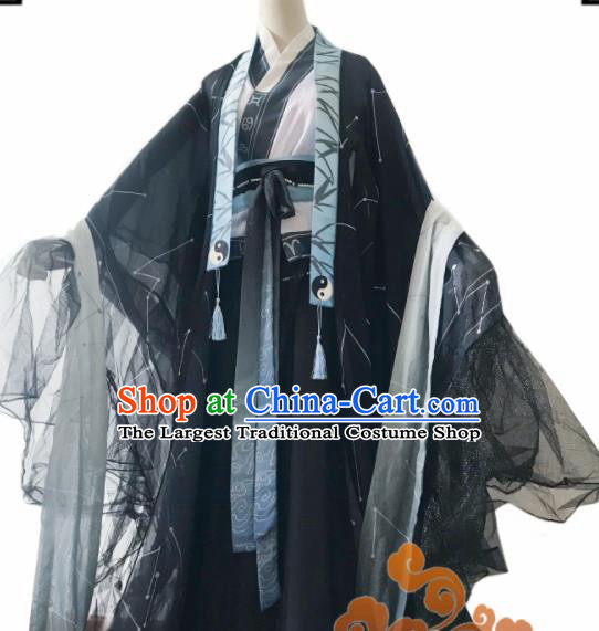 Chinese Ancient Cosplay Taoist Priest Swordsman Black Clothing Custom Traditional Nobility Childe Costume for Men