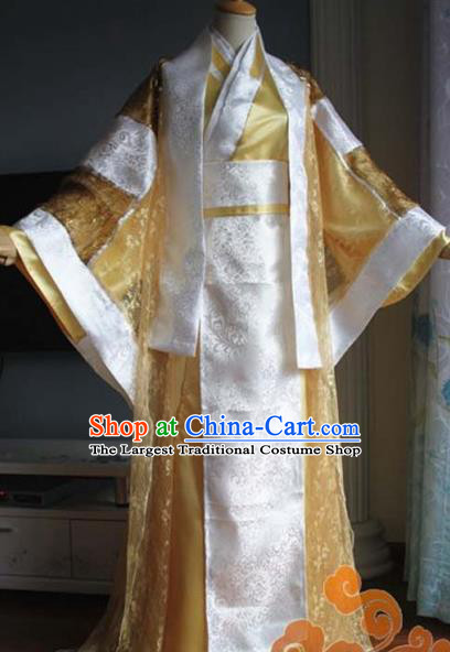 Custom Chinese Ancient Crown Prince Golden Clothing Traditional Cosplay Emperor Swordsman Costume for Men