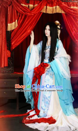 Traditional Chinese Cosplay Court Imperial Consort Blue Dress Ancient Fairy Swordswoman Costume for Women