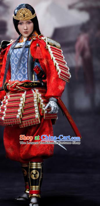 Japanese Ancient Female General Armor Traditional Asian Japan Samurai Red Costumes Complete Set for Women