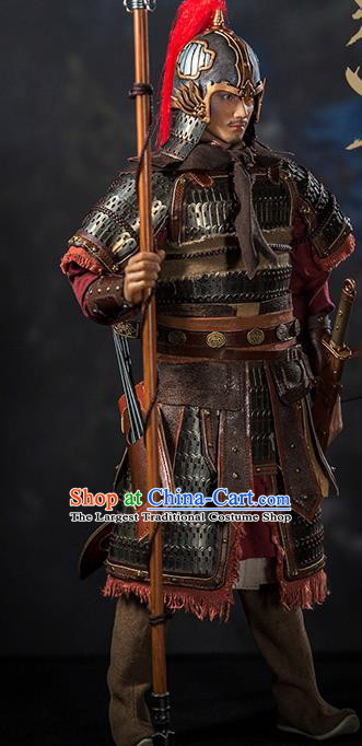 Chinese Ancient Cosplay General Yue Fei Armor and Helmet Traditional Song Dynasty Military Officer Costumes Complete Set for Men