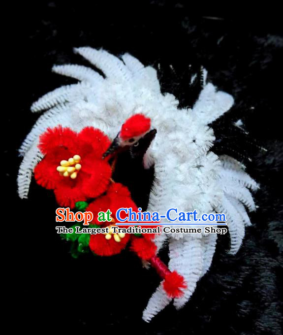 Chinese Ancient Qing Dynasty Court Velvet Crane Hairpins Traditional Hanfu Handmade Hair Accessories for Women