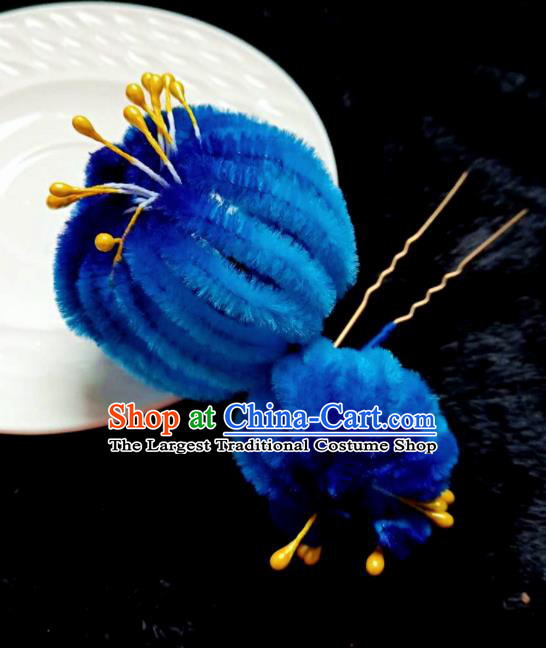 Chinese Ancient Qing Dynasty Court Royalblue Velvet Chrysanthemum Hairpins Traditional Hanfu Handmade Hair Accessories for Women