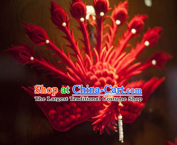 Handmade Chinese Ancient Qing Dynasty Red Velvet Phoenix Hairpins Traditional Court Hanfu Hair Accessories for Women