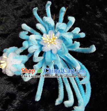 Chinese Handmade Qing Dynasty Court Blue Velvet Chrysanthemum Hairpins Traditional Ancient Hanfu Hair Accessories for Women