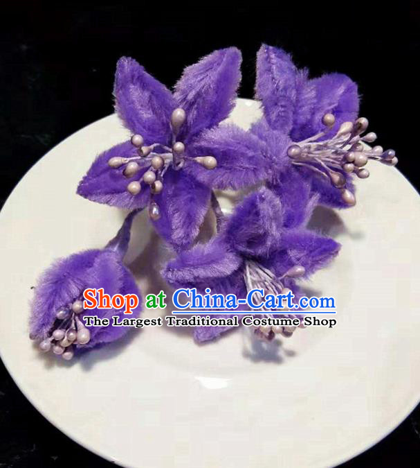 Chinese Handmade Qing Dynasty Court Purple Velvet Campsis Hairpins Traditional Ancient Hanfu Hair Accessories for Women