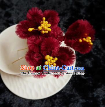 Chinese Handmade Qing Dynasty Court Wine Red Velvet Plum Hairpins Traditional Ancient Hanfu Hair Accessories for Women