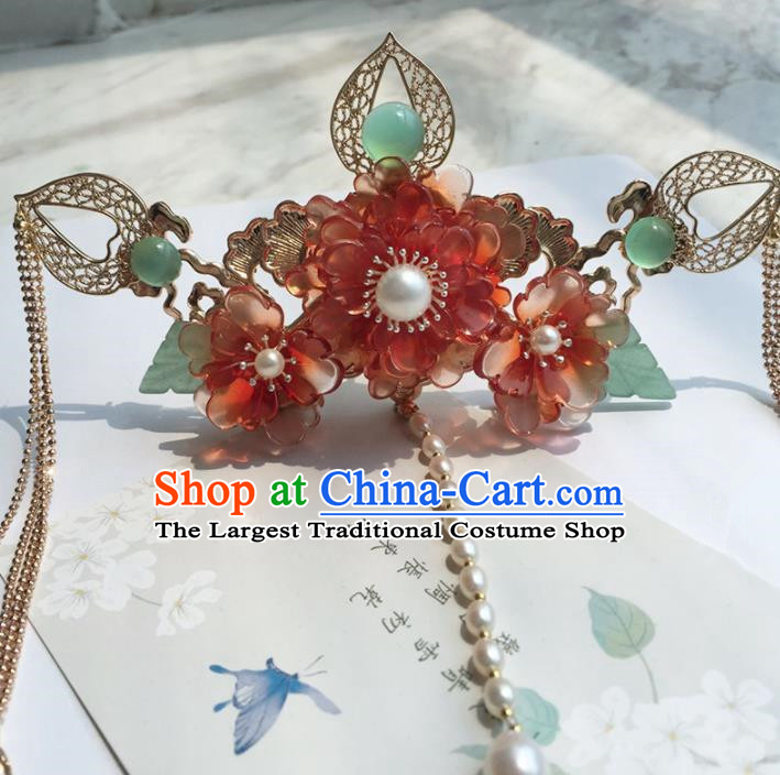 Chinese Handmade Ancient Red Peony Hair Crown Hairpins Traditional Hanfu Hair Accessories for Women