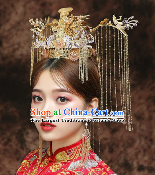 Chinese Ancient Bride Golden Phoenix Coronet Tassel Hairpins Traditional Hanfu Wedding Hair Accessories for Women