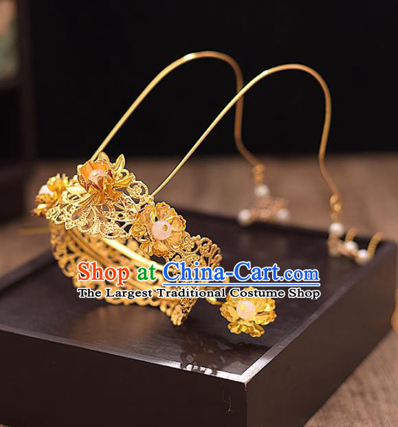 Chinese Ancient Bride Golden Phoenix Coronet Tassel Hairpins Traditional Hanfu Wedding Hair Accessories for Women