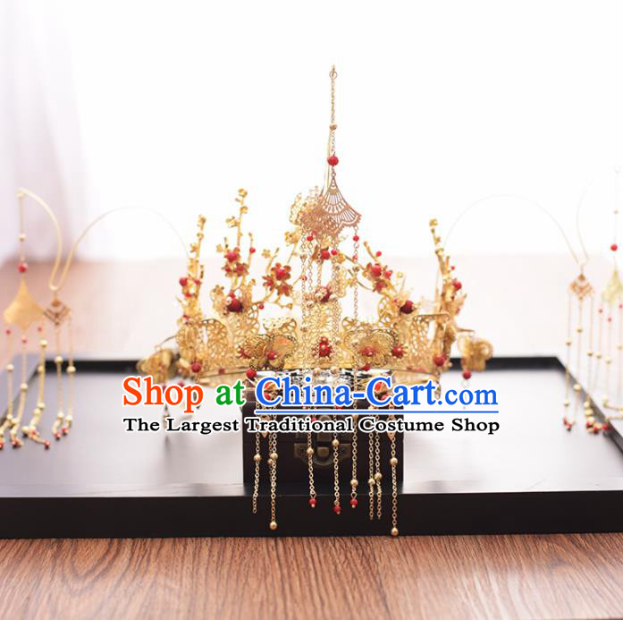 Chinese Ancient Bride Golden Butterfly Phoenix Coronet Hairpins Traditional Hanfu Wedding Hair Accessories for Women