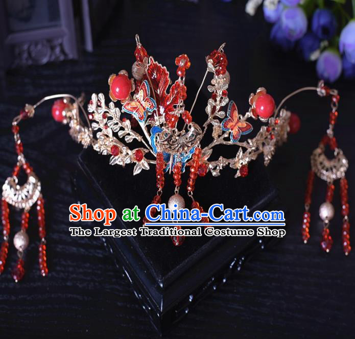 Chinese Ancient Bride Red Phoenix Coronet Hairpins Traditional Hanfu Wedding Hair Accessories for Women