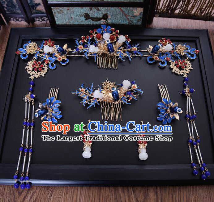 Chinese Ancient Bride Blueing Hair Comb Tassel Hairpins Traditional Hanfu Wedding Hair Accessories for Women