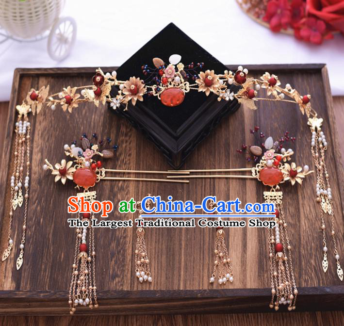 Chinese Ancient Bride Garnet Hair Clasp Tassel Hairpins Traditional Hanfu Wedding Hair Accessories for Women