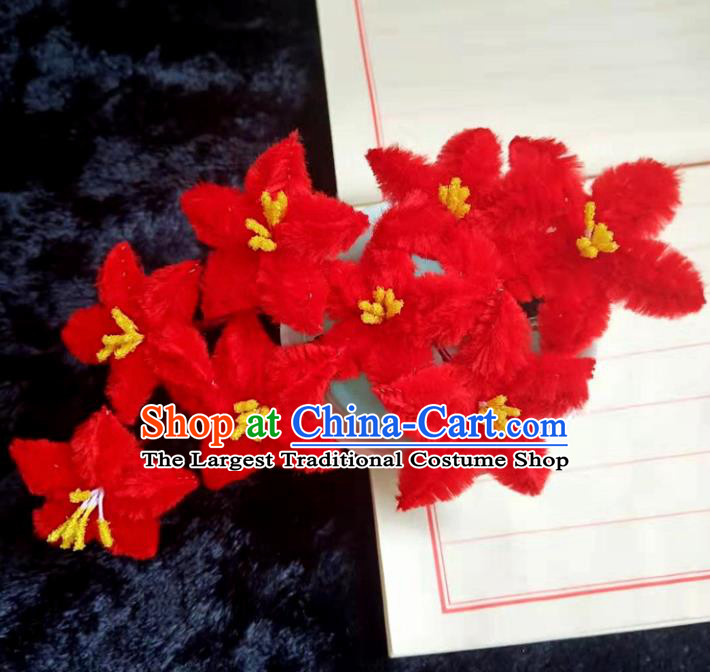 Chinese Ancient Red Velvet Flowers Hairpins Traditional Hanfu Handmade Hair Accessories for Women