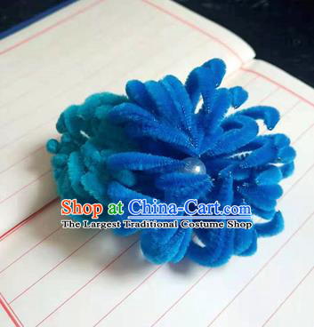 Chinese Ancient Court Blue Velvet Chrysanthemum Hairpins Traditional Hanfu Handmade Hair Accessories for Women