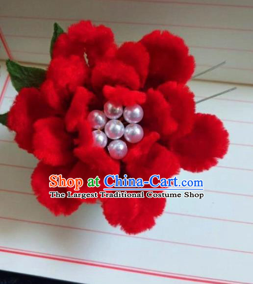 Chinese Ancient Court Red Velvet Peony Hairpins Traditional Hanfu Handmade Hair Accessories for Women